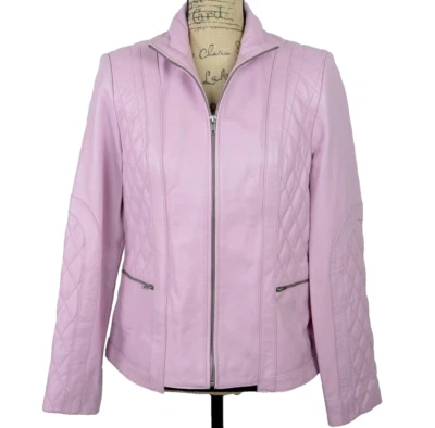 Chaqueta acolchada de cuero para mujer Pamela McCoy café motocicleta talla S rosa cremallera completa Foto 1 de 4