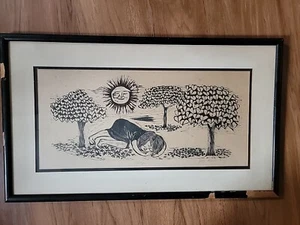 Vintage 1960 signiertes Kohle Poster von Jody Klein Schlaf gerahmt 17×29 - Bild 1 von 6