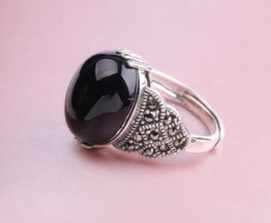 I03 Ring schwarzer Achat und Markasit Sterling Silber 925 größenverstellbar - Imagen 1 de 4