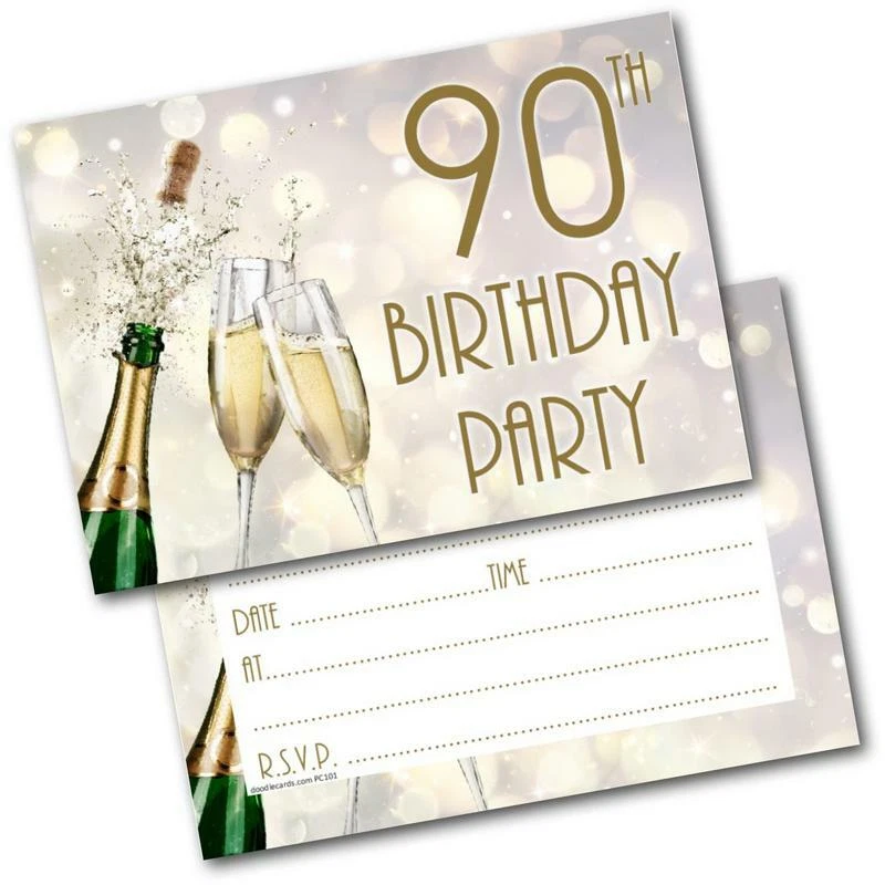 Doodlecards Pack of 20 90th Birthday Party Invitations Age 90 Champagne Invites