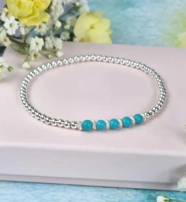 Pulseira empilhável de prata esterlina 925 azul turquesa com miçangas elásticas   - Imagem 1 de 4