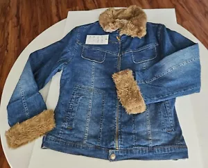 Scorpio USA Jean Jacket Women Small Faux Fur Trim & Quilted Lining Snap Buttons - Picture 1 of 7