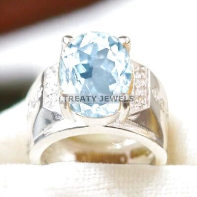 Piedras preciosas de aguamarina de corte ovalado con anillo de plata de ley 925 para hombre #A177 Foto 1 de 4