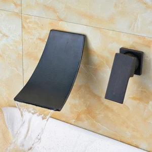 Bathroom Wall Mounted Waterfall Vessel Sink Mixer Faucet Black Single Handle - Picture 1 of 9