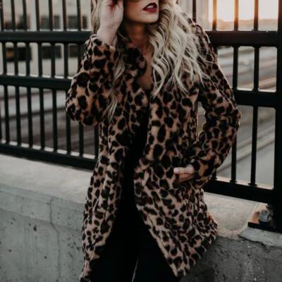 Faux Fur Cardigans Jacket Coat Overcoat UK Outwear Leopard Print Winter Women's - Image 1 of 4