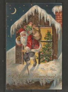 POSTCARD Christmas Santa embossed snow single back glitter - Picture 1 of 1