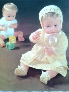 DOLLS CLOTHES~DRESS~BONNET~CARDI~3 PLY KNITTING PATTERN FIT 14-20 " HIGH (CAT 7) - Picture 1 of 1