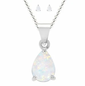 White Created Opal Stud Earrings & Pendant Necklace Set 925 Sterling Silver - Picture 1 of 3