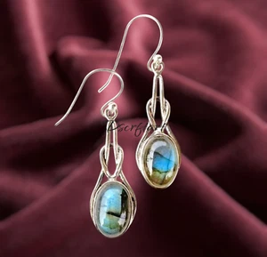 Labradorite Gemstone Earring, 925 Sterling Silver Dangle Drop Earring - Picture 1 of 9
