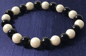 8.00MM/40.28CT NATURAL BLACK ONYX & CULTURED WHITE PEARL STRETCHY BRACELET - Picture 1 of 3
