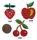 #3259 Lot 2Pcs Strawberry,Apple,Cherry Fruit Embroidery Iron On Applique Patch