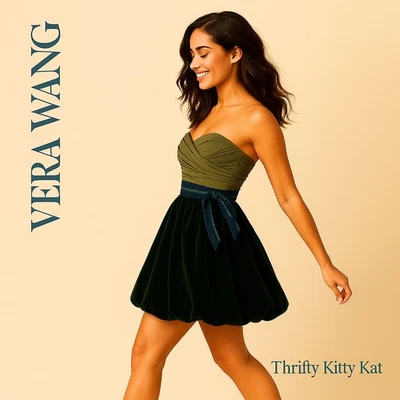 Vera Wang Strapless Ruched Silk Bodice Velvet Bubble Hem Dress Olive Green 2 NWT - Image 1 of 4