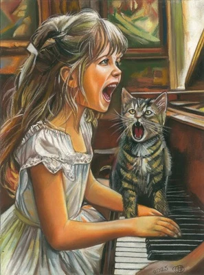 dibujo original 30 x 40 cm 288AG obra de arte pastel tocando el piano niña y gatito Foto 1 de 2