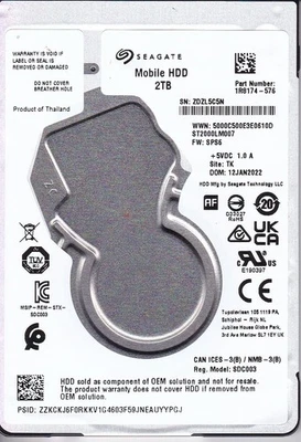 ST2000LM007 p/n: 1R8174-576 s/n: ZDZL f/w: SPS6 TK JAN 2022 2TB SATA 2.5 SEAGATE - Image 1 of 4