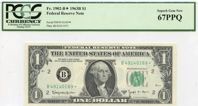 1963B $1 Federal Reserve Note FR#1902* PCGS Superb Gem67 PPQ - Image 1 of 2