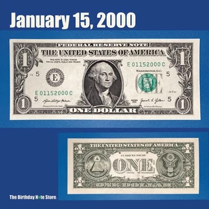 January 15, 2000 Birthday Anniversary $1 One Dollar Bill Serial Number 01152000 - Picture 1 of 2