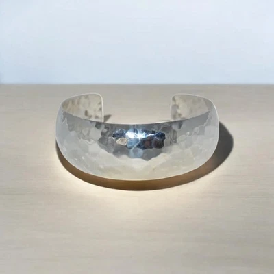 925 Silver Hammered Adjustable Cuff Bangle, Stackable Wide Bracelet - Image 1 of 4