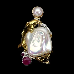 925 Sterling Silver Pendant Round Ruby 4mm Pearl Natural Gemstone Jewelry - Picture 1 of 14