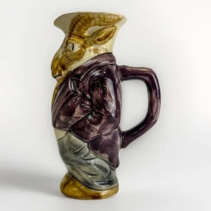 Vintage French Country Barbotine Majolica Goat Pitcher - 9.2 Tall Signed FFAS - Picture 1 of 8