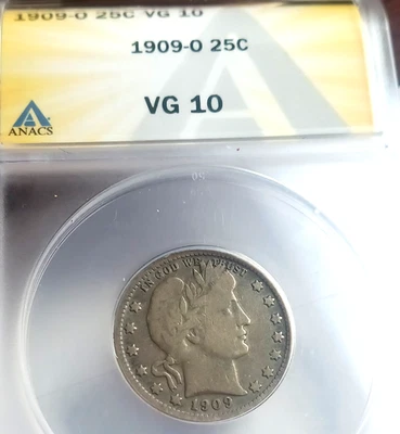 1909 O BARBER QUARTER ANACS VG10 LOOKS FINE 12 - Image 1 of 3