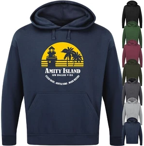 AMITY ISLAND HOODIE Funny Slogan Geek Nerd Shark Jaws Film Movies Gift Mens - Imagen 1 de 17