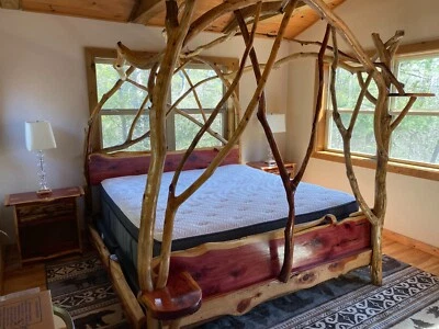 Rustic 5-Piece Solid Wood Bedroom Set – Canopy Bed, Dresser, Nightstands, Rocker - Image 1 of 4