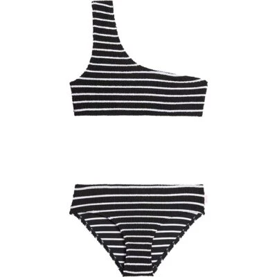 Seafolly 293800 Conjunto de traje de baño bikini sin mangas de un hombro para niñas, rayas negras, 10 Foto 1 de 2