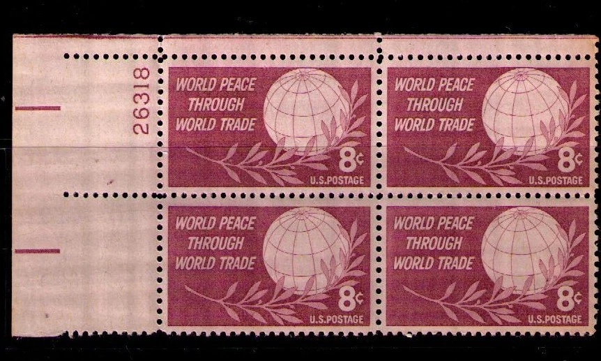 US USA Sc# 1129 MNH FVF PLATE # BLOCK Globe Laurel Branch World Peace thru Trade - Image 1 of 1