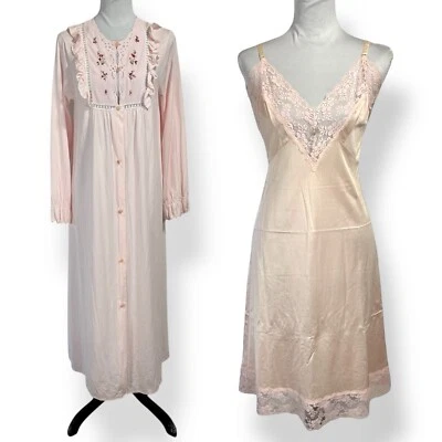 LOT Vintage Gilead Maxi Robe Slip Dress Size S Pink Silky Nightgown Silky Floral - Image 1 of 4