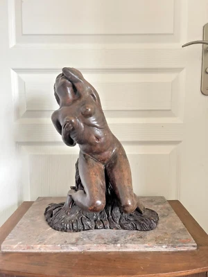 Ancien Sculpture Statue Femme Nue Signé THOMAS Poterie Bavent Terre Cuite Vernis - Photo 1/4