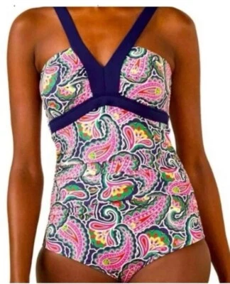 Tankini acanalado Boden, top de baño, tirantes rosa floral azul marino, talla US 6 solo top Foto 1 de 4