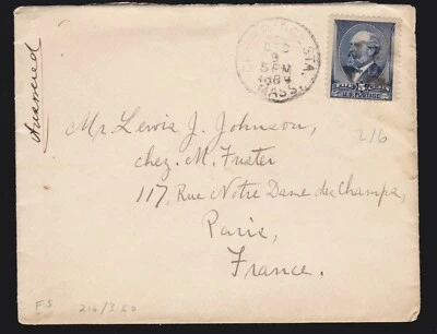 US 216 5c Garfield on Small Cover from Cambridge MA to Paris, France SCV $35 - Image 1 of 2