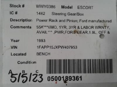 Used Rack and Pinion Assembly fits: 1993 Ford Escort Power Rack and Pinion Ford Foto 1 de 4