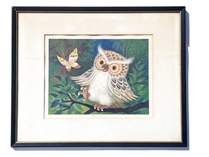 Rare Vtg Framed Signed K Chin Surrealist Psychedelic Owl & Butterfly Lithograph - Picture 1 of 16