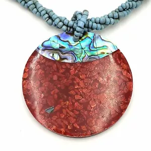 Coral Red Abalone Inlay Pendant Turquoise Blue Seed Bead Necklace Boho Chic Vtg - Picture 1 of 10
