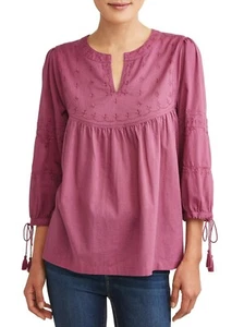 Time And Tru Rosy Mauve Relaxed Embroidered Peasant Top Bluse Gr. S M Neu mit Etikett - Bild 1 von 4