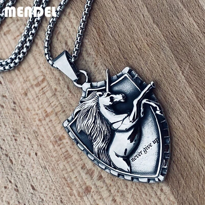 MENDEL Mens Viking Stainless Steel Amulet Horse Unicorn Pendant Necklace Silver - Image 1 of 4