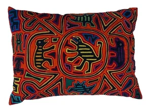 Vintage Kuna Mola besticktes Kissen 12x16 Panama Volkskunst Tiere Stamm Azteken Boho - Bild 1 von 10