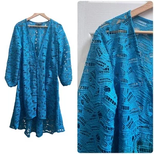 Pamela McCoy Teal Front Button Closure Crochet Topper Duster Size Large - Picture 1 of 14