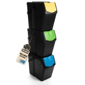 Mülltrennsystem 3x 25L Küchenmülleimer 3 Fächer Stapelbar mit Henkel Abfalleimer - Bild 1 von 7