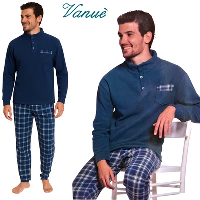 Pigiama uomo invernale in caldo pile manica, pantalone lungo collo con bottoni - Image 1 of 4