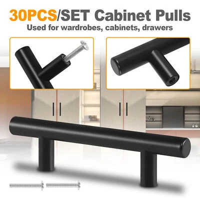 30Pcs Brushed Kitchen Cabinet Pull Stainless Steel Drawer T-Bar Handles Black - Image 1 of 4