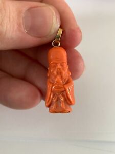 14ct gold coral carved Chinese figure pendant, antique not 18ct or 9ct 
