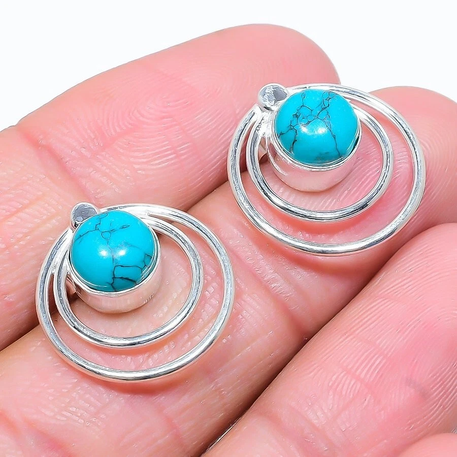 Feroza Turquoise Gemstone 925 Sterling Silver Jewelry Stud Earring Size 0.75" - Image 1 of 1