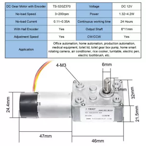 DC 12V Turbo Schneckengetriebemotor mit Encoder 3/9/15/45/120/200 U/min Niedergeschwindigkeitsmotor - Bild 1 von 10
