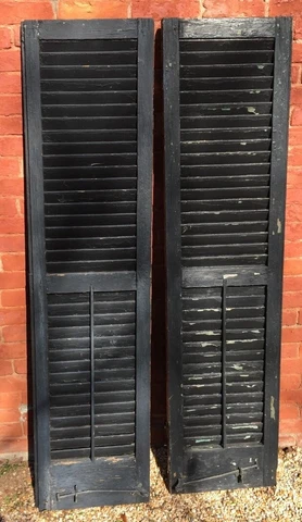 Antique Pair Architectural Salvage Black Louvered Wood Shutters 63.5" x 16" Vtg Cover