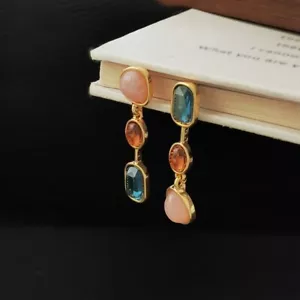 Pendiente desigual gota para oreja con piedra de cristal de tres colores para mujer colgante 2,5 pulgadas - Imagen 1 de 5