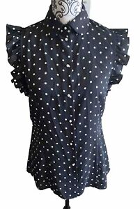 Anne Klein 4 Blouse Pearl Button Front Black Top White Polka Dots Shirt Ruffle