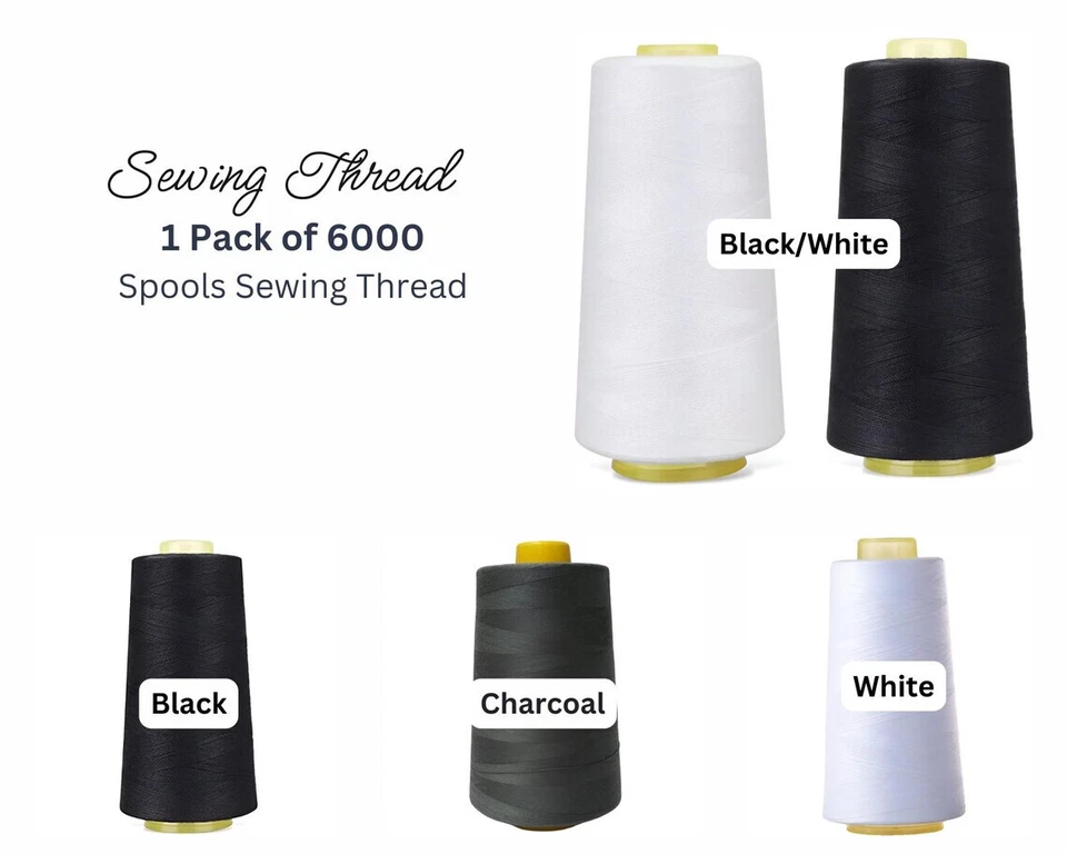 6000 Yard Spool Sewing Thread - Shades of Black & White, 100% Polyester Overlock - Image 1 of 1
