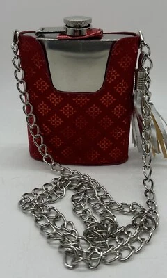 Stainless Steel Hip Flask 7 Oz In Red Case With Silver Chain Tassel Gift  - Image 1 of 4